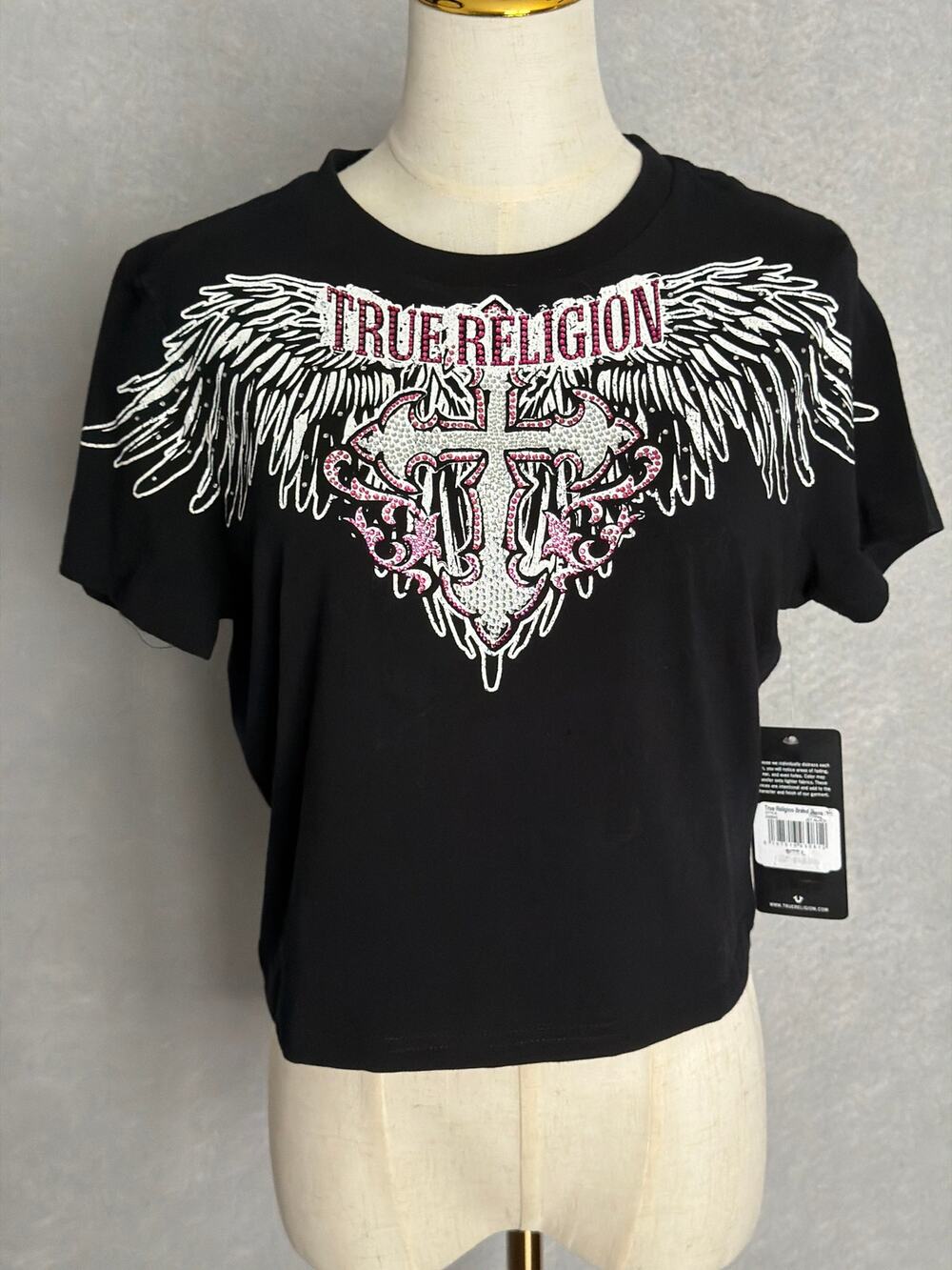 True Religion Rhinestone T-Shirt Cropped Black Women's Large (Flaw) NEW